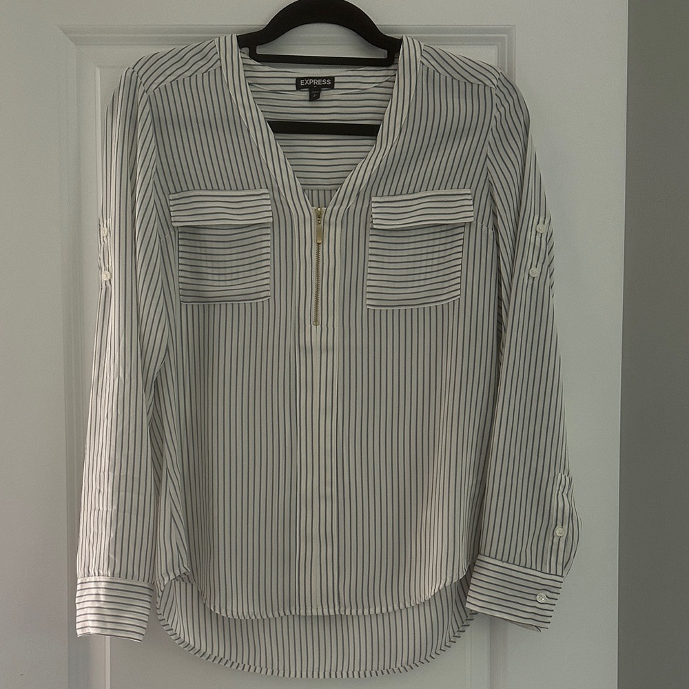 Express Women's Light Blue and White Striped Blouse